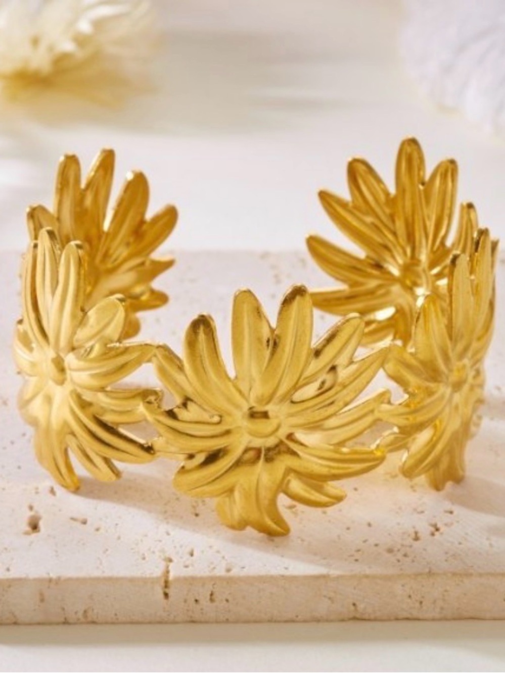 Gold Floral Statement Cuff Bracelet - Elegant Women’s Jewelry bangle